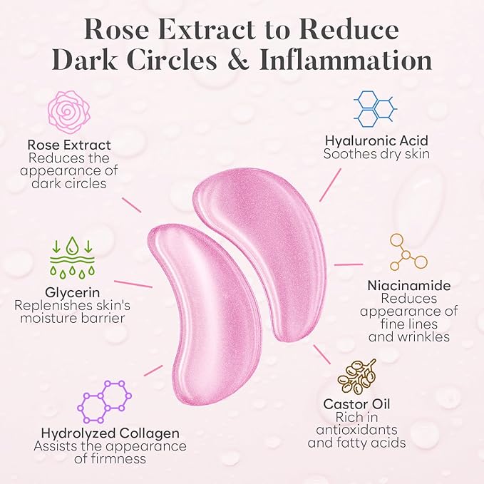 AURAE Rose Under Eye Patches (30 Pairs) - Under Eye Mask for Appearance of Dark Circles - For Puffy Eyes Smoothing - Skincare Mask