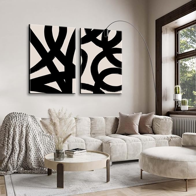 Framed Abstract Wall Art Canvas Set Lines Pictures Modern Mid Century Boho Wall Decor Minimalist Abstract Black Stroke Lines Canvas Painting Artwork Living Room Bedroom Home Office 16"x24"x2