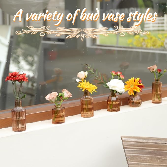 Bud Vases Set of 12, Amber Glass Bud Vase in Bulk for Decor | Small Glass Vases Modern Ribbed Amber Vase Flower Vase for Vintage Boho Wedding Centerpieces Rustic Home Table Decoration