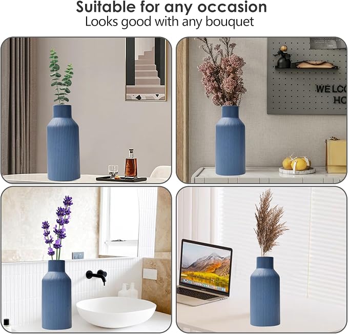 Bohemian Blue Ceramic Vase - for Pampas Grass, Mantel, Bookshelf, Entryway and Living Room Decor (Blue, 8in)