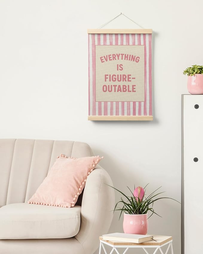 FGFK Preppy Pink Striped Everything Is Figureoutable Inspirational Framed hanging Canvas wall art Poster Prints office dorm room decor for women, Motivational posters decorations for home bedroom,12x16 Inch