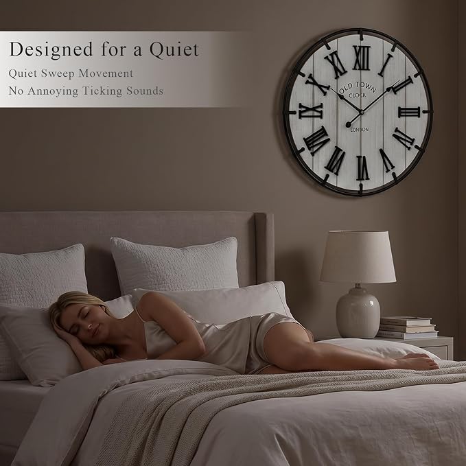 EMAX HOME Large 20 Inch Farmhouse Wall Clock, Distressed White Wood Grain Dial with Heavy Duty Black Metal Frame, Silent Non-Ticking Sweep Movement for Living Room, Bedroom, Kitchen or Entryway