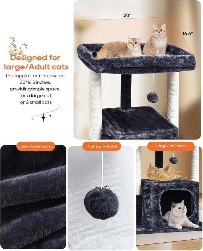 SYANDLVY 27IN Cat Tree for Indoor Cats Large Adult, Modern Activity Tower | Scratching Posts, Condo with Plush Perch, Climbing Stand with Spring Ball for Play, Smoky