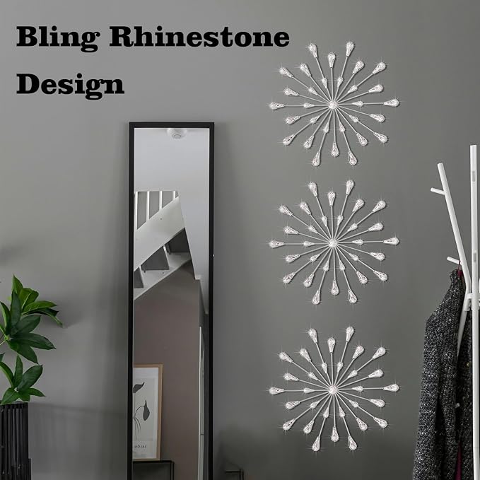 ZEXUIRU 3 Set Silver Starburst Wall Art for Home Decor Metal Bling Crystal Rhinestones Sunburst Wall Decor Sparkling Rhinestone Art Accent Silver - 18in