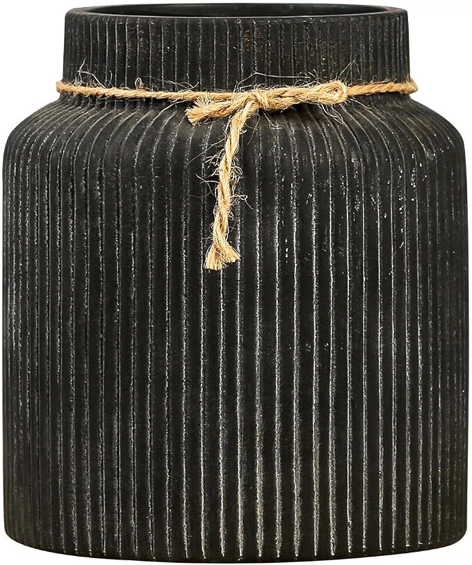 Rustic Ceramic Flower Vase, 7.2in Vintage Black Ribbed Vases for Home Decor | Farmhouse Decorative Terracotta Vases Wide Mouth Vase for Bedroom Living Room Table Centerpieces Shelf Cabinet Decorations