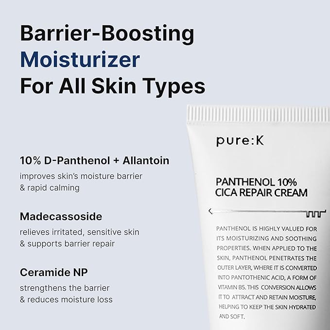 PURE K Panthenol 10% CICA Repair Cream - Intensive Barrier Recovery - Soothing Moisturizer for Sensitive, Damaged Skin, Redness & Post-Acne Repair, Korean Skincare (2.7 Fl Oz / 80ml)