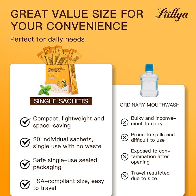 Liillya Mouthwash Travel Size, Individual Mini Mouthwash Alcohol Free, Orange Mint for Fresh Breath, Oral Care, Teeth & Gum Health, TSA Compliant, Portable Packets to Go, 0.41 Fl Oz x 20 Packs