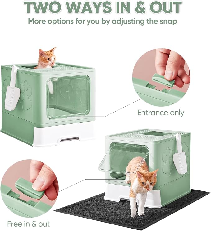 Medario Cat Litter Box with X-Large Litter Mat and Scoop(Upgrade Green) | Large Covered Litter Box with Lid, Enclosed Kitty Box,Front Top Entry Exit, Odor Control Easy to Clean