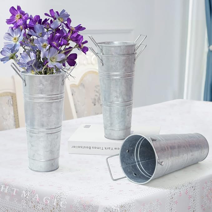 Notakia Galvanized Metal Vases Farmhouse French Flower Bucket Vases for Cut Flowers for Home Decor and Wedding Table Centerpiece Decorations (9.05in Silver 4Pcs)