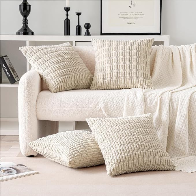 MIULEE Pack of 4 Corduroy Decorative Throw Pillow Covers 22x22 Cream White | Neutral Rustic Farmhouse Boho Soft Striped Pillow Covers,Home Decor for Sofa,Living Room,Couch,Bed
