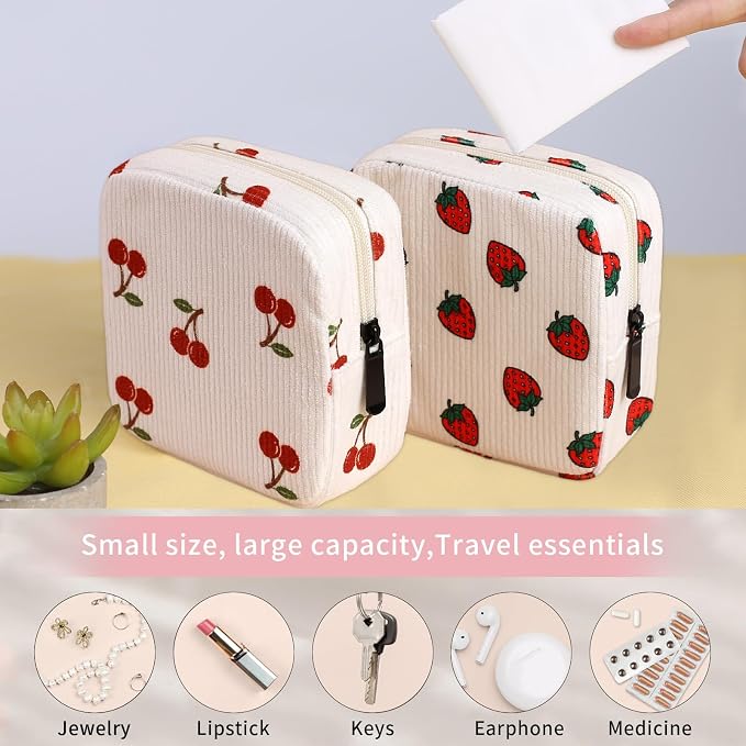 Period Bag for Women, Portable Corduroy Sanitary Napkin Storage Bag Cherry Period Pouch with Zipper, Sanitary Pads Bag Tampons Holder for Purse, First Period
