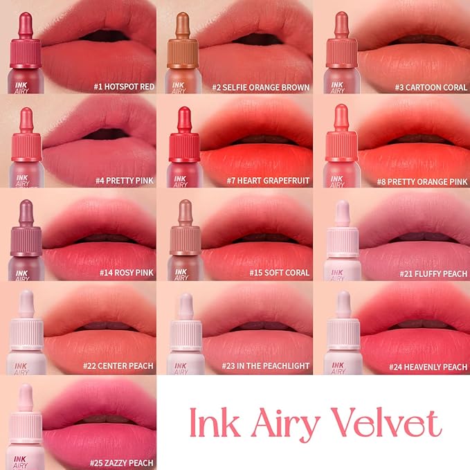 Peripera Ink Airy Velvet Lip Tint | High-Pigmentation, Lightweight, Soft, Moisturizing, Not Animal Tested (027 INSIDE PEACH (NEW))