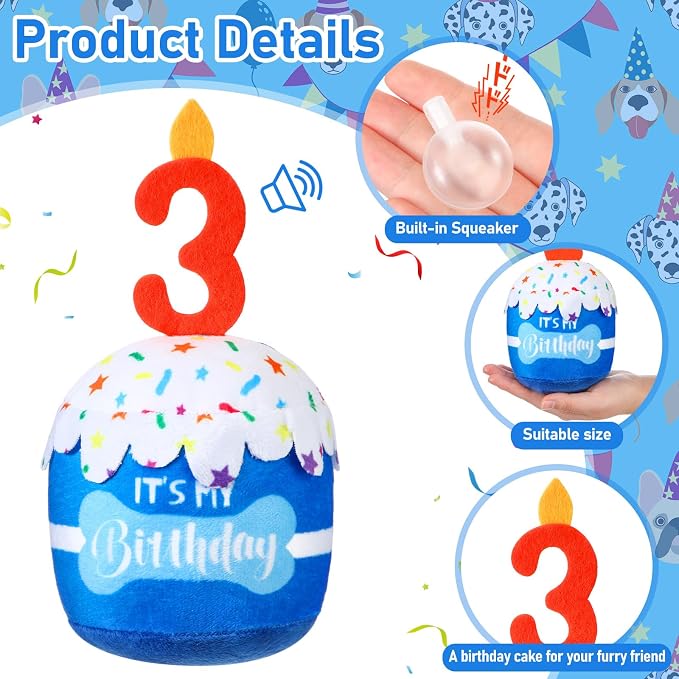 Dansydaisy Dog Birthday Cake Toy Squeaky Plush Gift,3rd,Blue