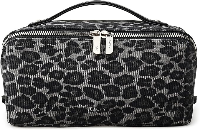 EACHY Travel Makeup Bag, Large Capacity Cosmetic Bag for Women, Waterproof PU Leather, Flat Open Portable Toiletry Bag for Skincare, Brushes & Travel Essentials