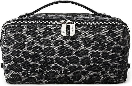 EACHY Travel Makeup Bag, Large Capacity Cosmetic Bag for Women, Waterproof PU Leather, Flat Open Portable Toiletry Bag for Skincare, Brushes & Travel Essentials