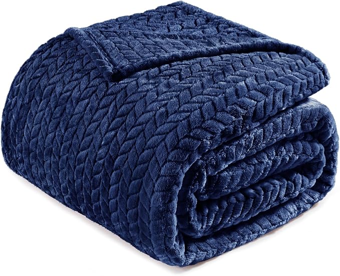 Exclusivo Mezcla Soft Fleece Bed Blanket Twin Size, 60”x80”, Navy Blue | Cozy Fluffy Lightweight Blankets for Summer, Decorative Plush Flannel Throws for Living room, Bedroom with Leaves Pattern