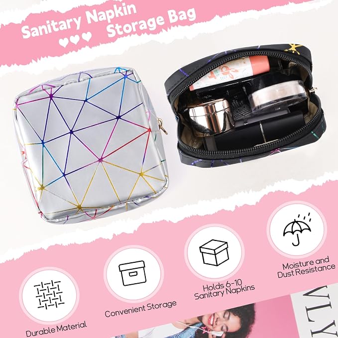 Sanitary Napkin Storage Bag, Menstrual Cup Pouch Nursing Pad Holder Tampon Bags Feminine Product Pouches Portable Period Kit Bag for Girls Women Ladies 2 Pack (Dazzling Black/Silver)