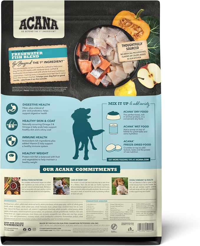 ACANA Grain Free Dry Dog Food Freshwater Fish Recipe 4.5lb Bag | Freeze Dried, Grain Free, High Protein, Made in the USA, Global Quality Ingredients, Nutrients and Flavor Preserved