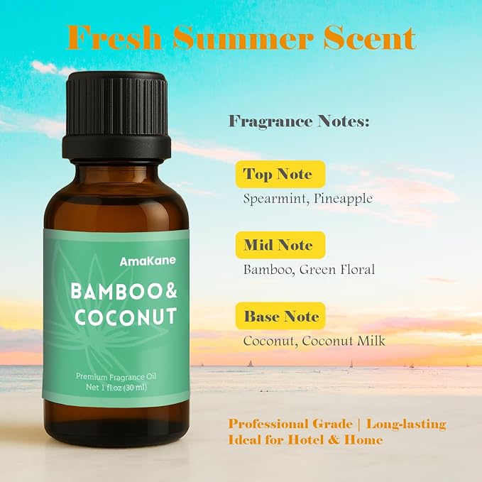 AmaKane Bamboo and Coconut Fragrance Oil, Summer Essential Oil for Diffuser, Fragrance Oil for Candle Making, DIY Soap Making Scents, Diffuser Oils for Home, Aromatherapy Oils, 30ml