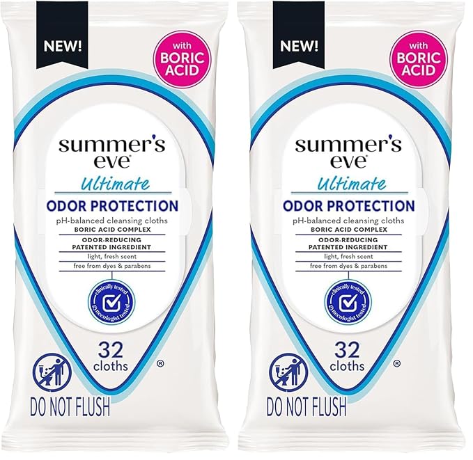 Summer's Eve Ultimate Odor Protection Daily Feminine Wipes, Gentle pH-Balanced Formula with Boric Acid Cleanses & Removes Vaginal Odor, Resealable Pack, 32 Body Wipes (Pack of 2)