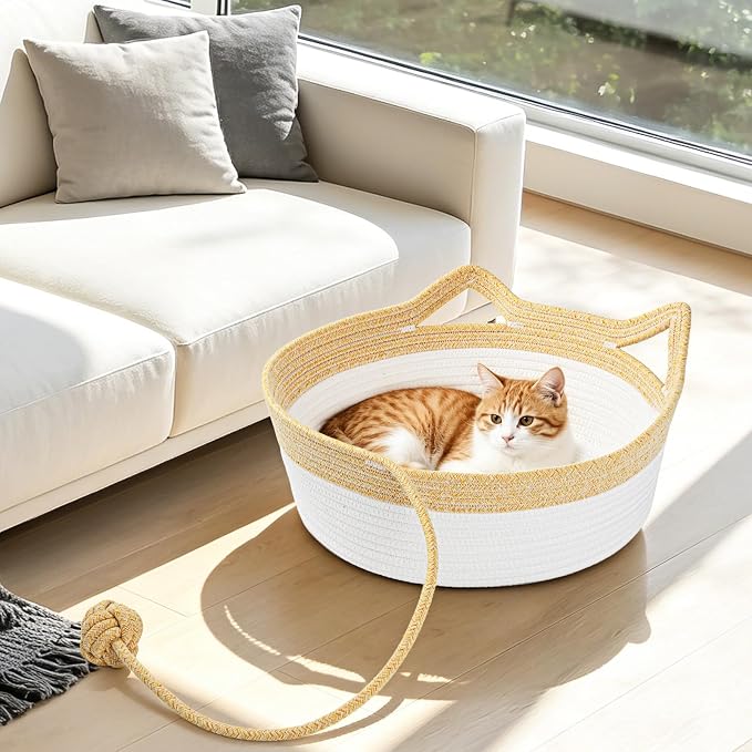 Cotton Rope Woven Cat Bed, Instinct Pet Basket with a Play Ball, Large | Foldable Cat Scratcher Basket for Indoor Cats, Puppies, Rabbits and Small Pets, Yellow & White