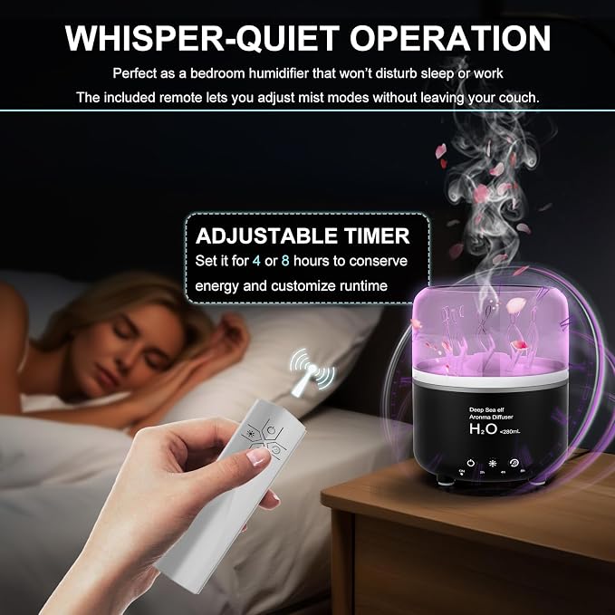 Morbou Essential Oil Diffuser with Jellyfish Spray & Sea Anemone Rotation, 280ml Ultrasonic Aromatherapy Machine,7-Color LED Night Light Quiet Mist for Bedroom, Remote Control (Black)
