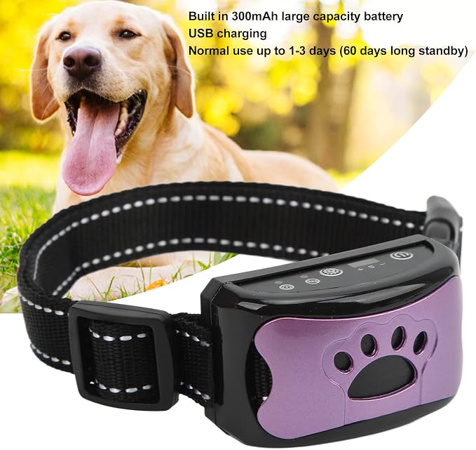 ASHATA Anti Dog Bark Collar, Dog Barking Collar, USB Rechargeable Vibration Intelligent Recognition Training Collar 7 Sensitivity Levels Purple