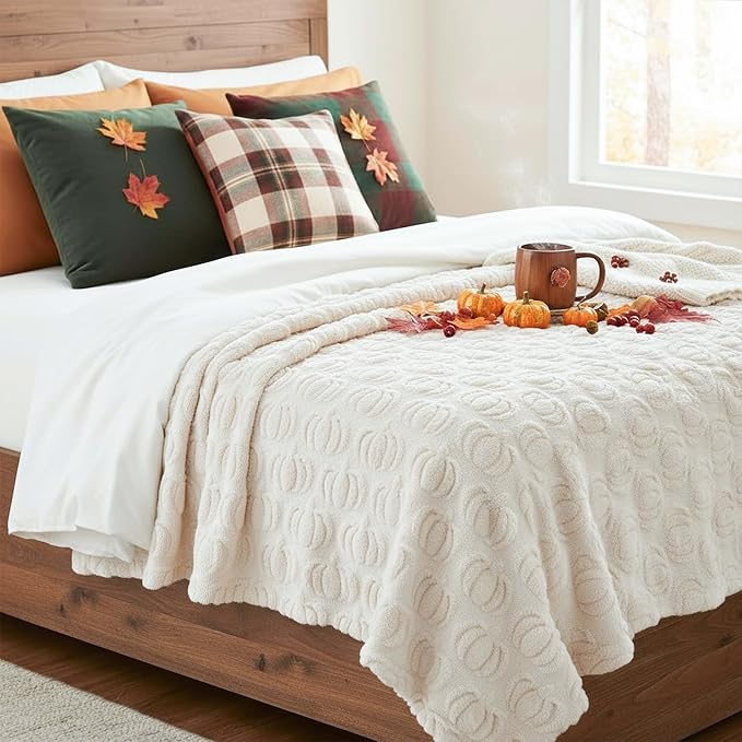 Tegeme Fall Halloween Pumpkin Throw Blanket 50" x 60", 3D Pumpkin Pattern Faux Rabbit Fur Fleece Blanket, Soft Cozy Rust Autumn Throw for Couch Sofa Bed, Thanksgiving Gift for Women Mom(Beige)