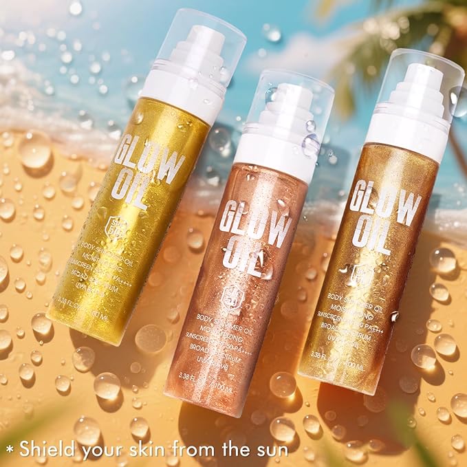 Body Glow Oil, Broad Spectrum SPF 50, Glitter Shimmer Sunscreen Body Oil Lotion with Sequin Mica, Lightweight Non-Sticky Moisturizer with Coconut, Skin Illuminator Glowing Results (02# Rose Gold)