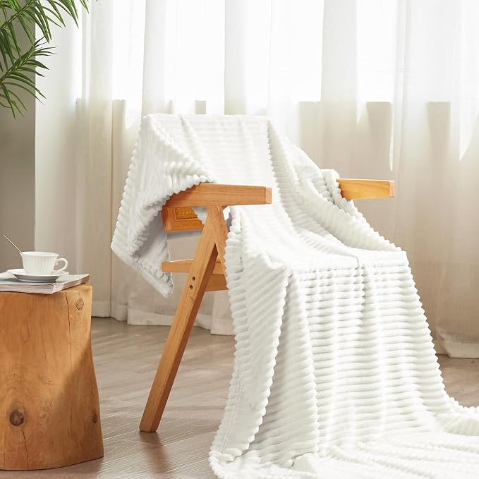 Vessia Flannel Fleece Throw Blanket for Couch,Sofa,Bed, 300GSM Microfiber White Striped Chair Blanket for Adults and Kids, Super Soft Warm Cozy Lightweight Ribbed Throw for All-Season