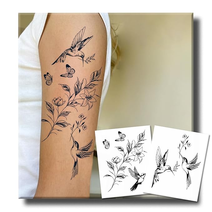 2 Sheets Long Lasting Hummingbird Temporary Fake Tattoos For Men Women Adults Arm,Lily Leaves Semi Permanent Tattoo For Adults Girl,Realistic, Waterproof and Non-Reflective