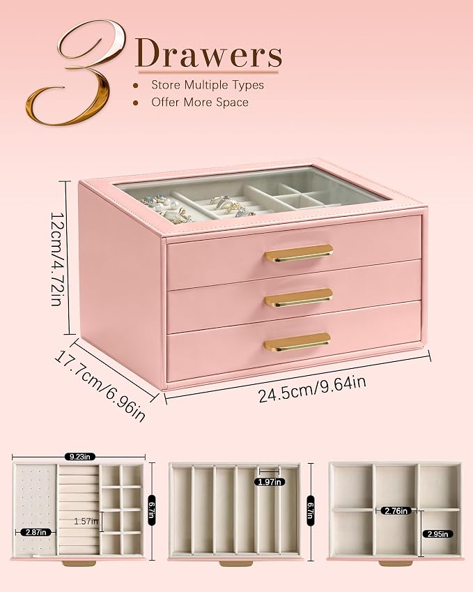 Homeanda Jewelry Boxes Organizer with Glass Lid, 3-Layer PU Leather, Pink | Modern style display case with 3 drawers for daily jewelry, women, mom or girl gift