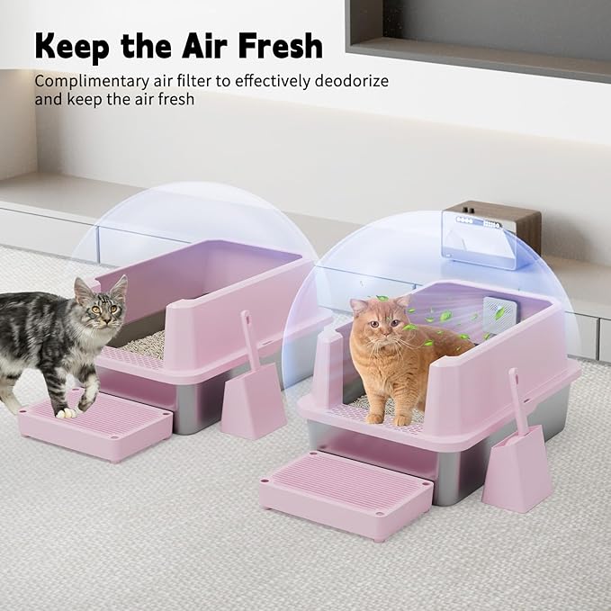 RIZZARI High-Sided Large Cat Litter Box: 2-Pack for Multi-Cat Use | 304 Steel Odor-Resistant Tray / 6.5" High Splash Guard / Dual Anti-Tracking / Built-In Deodorizer / Spacious for Large Breeds