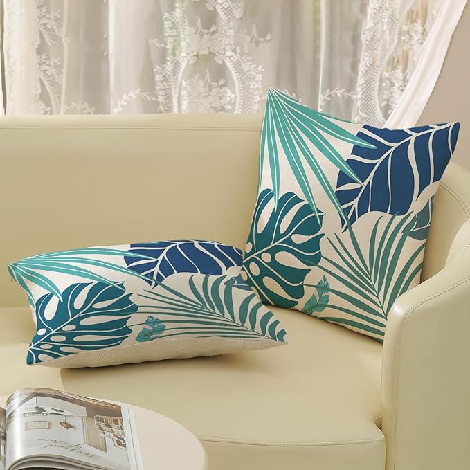Tropical Pillow Covers 16x16 Set of 2 Navy Blue Aqua Teal Monstera Palm Leaf Pillowcase Summer Decorations Tropical Outdoor Throw Pillows Linen Decor Botanical Plant Cushion Case for Home Bed