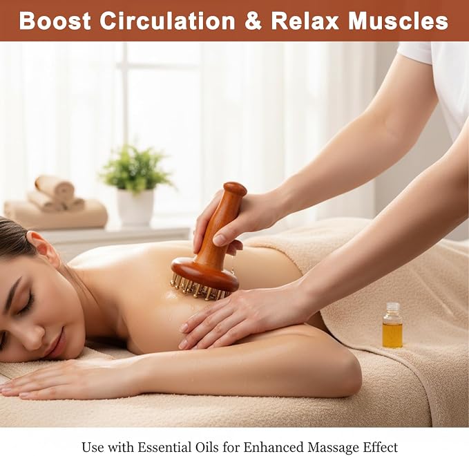 29 Teeth Copper Head Massage Comb for Body and Scalp, Include Sandalwood Triangle Tool, Meridian Point Massager Brush for Belly, Wooden Ergonomic Handle Design, Chinese SPA Gua Sha Tool for Body