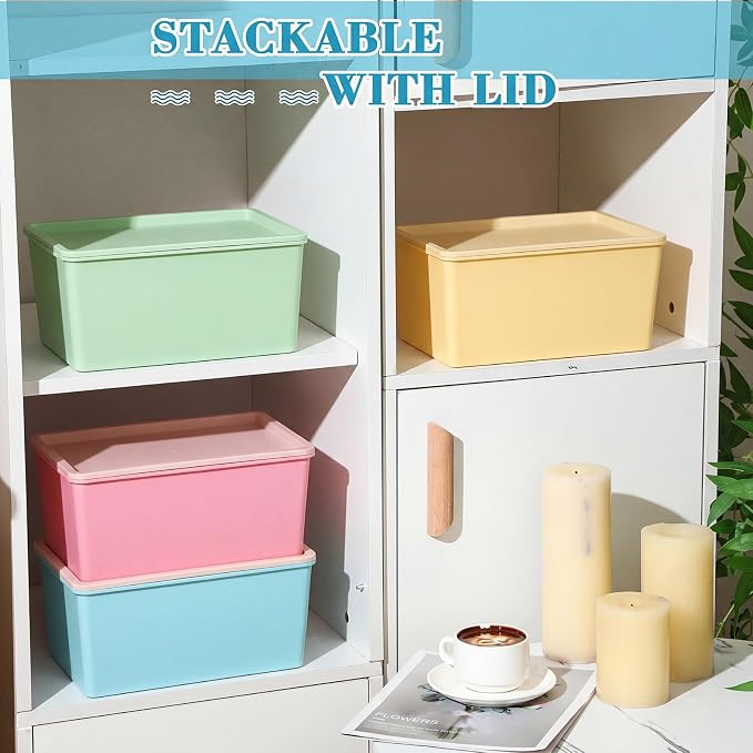 4 Pcs Storage Bins with Lids Plastic Stackable Containers for Classroom Room Organizing Shelves Christmas Ornament Box Baskets(Red, Green, Yellow, Blue,Small)