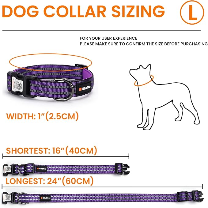 Personalized Dog Collar with QR Code Dog Tag, Purple L | Anti-lost, 1000D nylon, reflective, padded, XS-L(8"-24"), QR buckle shares lost pet profile, location alerts when scanned
