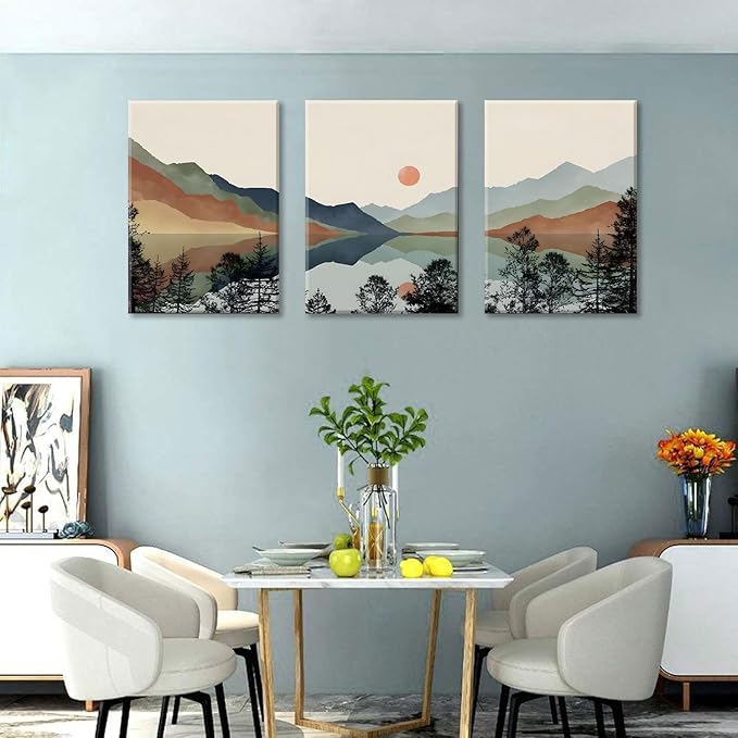Bwodke Blue Mountain Canvas Wall Art Set of 3, 12x16 inch | Boho Watercolor Wall Decor, Blue Mountain Sun Forest Prints, Living Room Bedroom Office Art