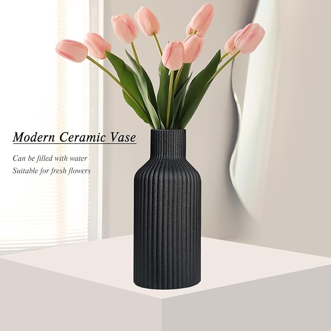 Black Ceramic Flower Vase, Minimalist Modern Home Decor, Matte Finish Pampas Grass Vase for Table, Fireplace, Shelf, Mantel, Entryway and Centerpieces (10in)