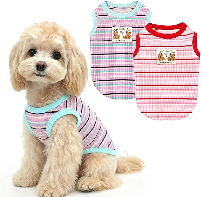 2 Pack Small Dog Shirts Striped Dogs Cats Clothes, Blue&Red L | Soft Pet Tee Shirt, Breathable Dog Outfits with Exquisite Edging, Small Puppy Pajamas Chihuahua Yorki Party Daily Costumes