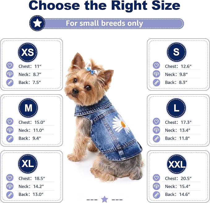Dog Denim Jacket with Daisy Embroidery for Small Dogs, S, Chest 11-12 in | Ripped vintage jean vest for puppies, Chihuahuas and Pugs, cotton-blend outfits for spring summer fall festival and daily