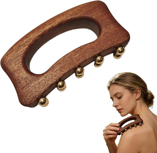 Brass Beads Gua Sha Massage Board for Neck Shoulder Back Abdomen Muscle Relaxation, Body Sculpting & Meridian Relief Copper Meridian Point Massage Board Chinese SPA Gua Sha Tool Natural Wooden Handle