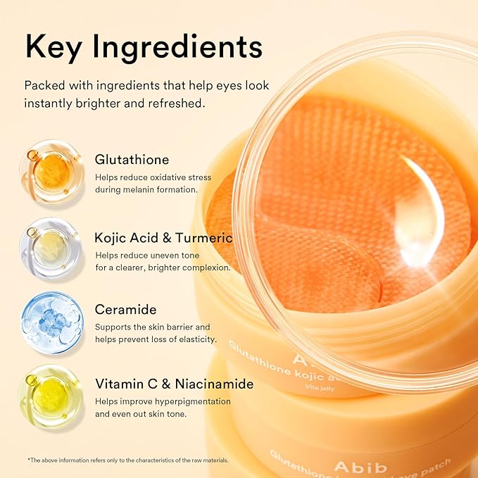 Abib Glutathione Kojic Acid Eye Patches for Radiance Dark Circles & Dark Spots, with Tone-up Jelly, 60 Count, Korean Skin Care
