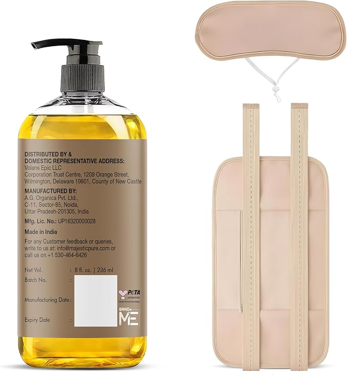 Majestic Pure Oil - 100% Pure and Natural- Cold Pressed & Hexane Free Natural Hair Growth Oil for Eyelashes, Eyebrows, Skin, Body, Face, Nails & Scalp - Organic Castor Oil 8 Fl Oz with Reusable Wraps