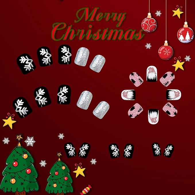 Christmas Gnome Press on Nails Funny Snowflake Christmas Tree False Nails Glossy Full Cover Xmas Glue on Nails Short Square Winter Acrylic Fake Nails for Women Girls