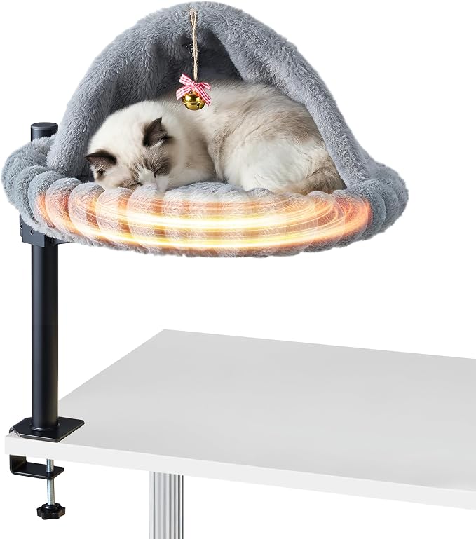 Cat Desk Bed with Self-Heating Pad – Adjustable Desk Mounted Cat Bed Nest with Bell | Cozy Cat Hammock for Desk, Cat Bed for Desk Attachment & Furniture-Loving Cats