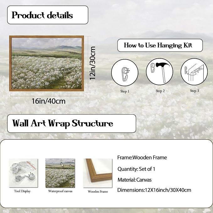 Framed Vintage Landscape Wall Art, Country Wildflower Field Pictures Wall Decor, Rustic Nature Flower Paintings Canvas Prints Farmhouse Home Decor for Living Room Bedroom Bathroom 12x16 inch
