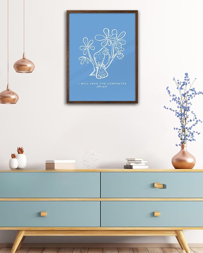EcoHest 12x16 in John 14:16 I Will Send The Comforter Christian Wall Art | Walnut Color Solid Oak Frame， Canvas Wall Art, Bible Verse Holy Spirit Floral Decor for Bedroom, Living Room, Office, 1Pack