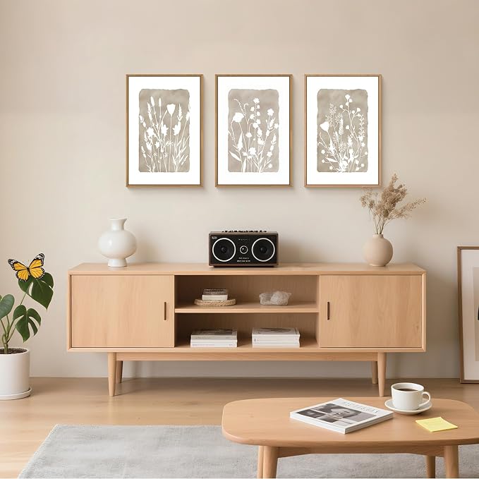 FWIEXA Neutral Botanical Canvas Wall Art Set 3, Minimalist Boho Wildflowr Framed Prints, Beige Floral Paintings, 16x24In Rustic Plant Artwork Poster for Farmhouse, Gift, Living Room, Bedroom, Office