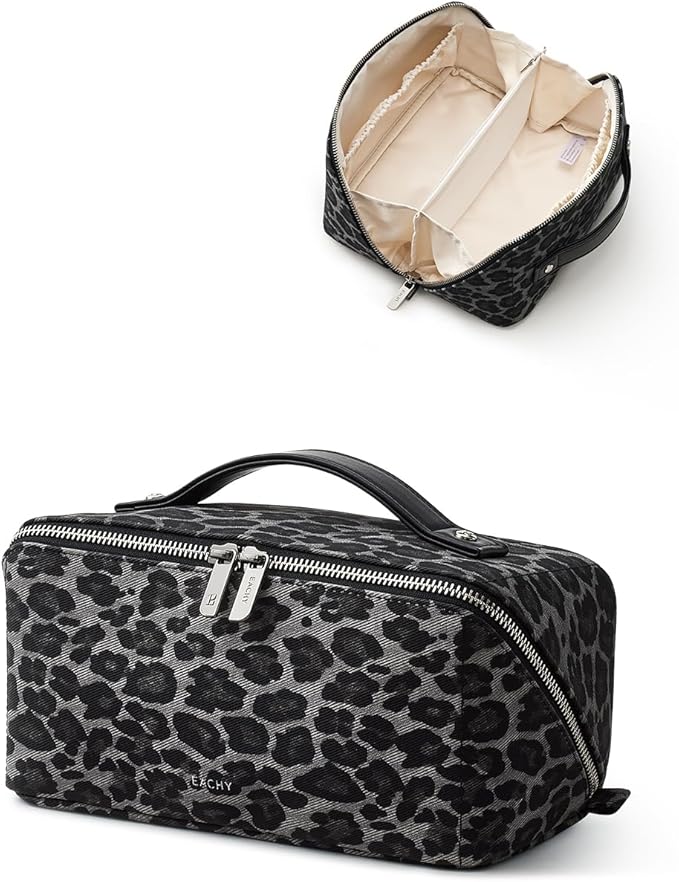 EACHY Travel Makeup Bag, Large Capacity Cosmetic Bag for Women, Waterproof PU Leather, Flat Open Portable Toiletry Bag for Skincare, Brushes & Travel Essentials